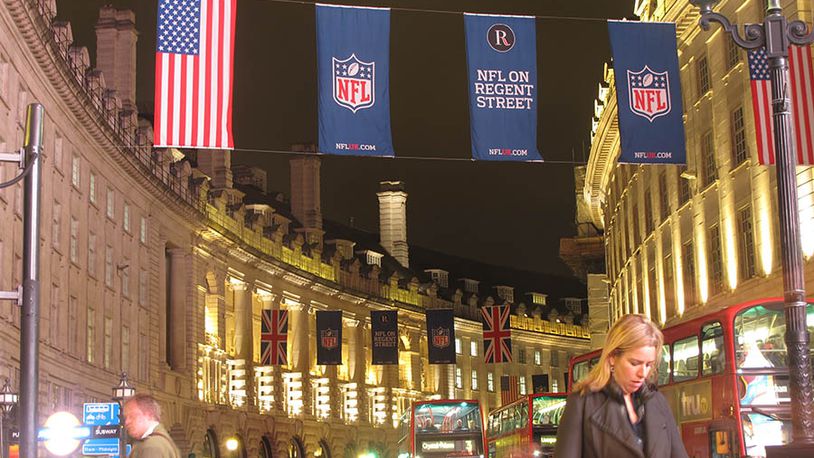 American flags and National Football League banners adorn London's Regent Street ahead of the Atlanta Falcons-Detroit Lions football game. Fans are expected to rally at Trafalgar Square in the British capital a day before Sunday's showdown at Wembley, the second of three NFL games being staged at England's national stadium this year.