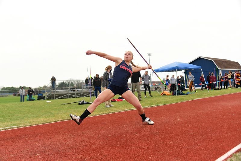 Dayton's Casey Bogues competes in the javelin. Photo by Erik Schelkun