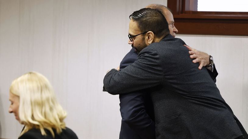 The retrial of Gurpreet Singh started Monday morning, April 29, 2024 before a 3-judge panel in Butler County Common Pleas Court in Hamilton. Singh hugged his defense attorney Thursday, May 9 when the defense rested its case. He is charged with capital murder for allegedly killing 4 members of his family in 2019 in West Chester Township. NICK GRAHAM/STAFF