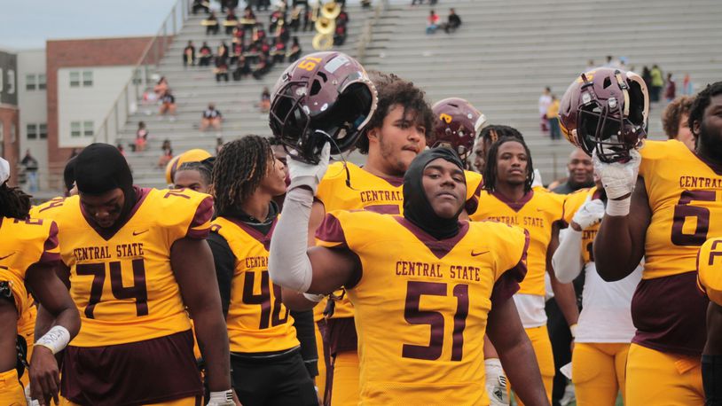 Central State's Chazz Hunter (51) celebrates the team's first home victory in three years Saturday vs. Kentucky State. Central State Athletics photo