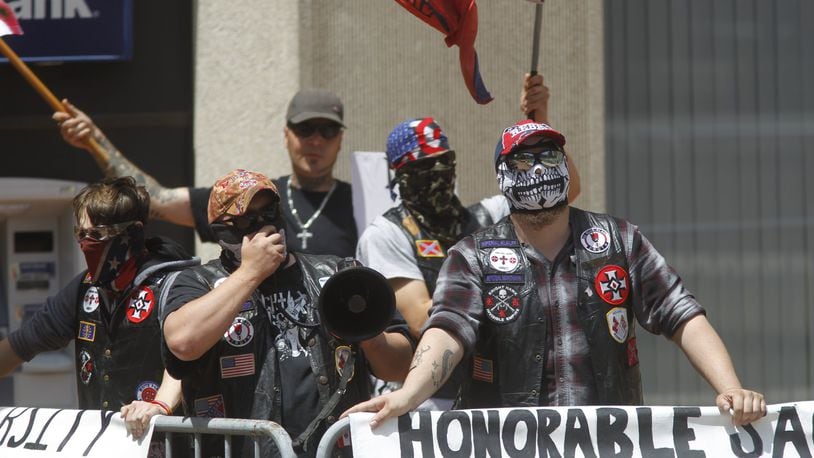 The Honorable Sacred Knights, an Indiana-based group affiliated with the Ku Klux Klan, brought nine members to Courthouse Square in May 2019. Security costs for the event ran a combined $770,000 for the city of Dayton and Montgomery County. CHRIS STEWART / STAFF