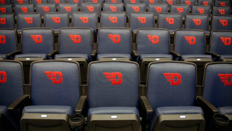 All seats in the 100 and 200 sections of UD Arena have been replaced as part of phase on renovations.  The center court sections include embroidered UD Flyers logo.  TY GREENLEES / STAFF