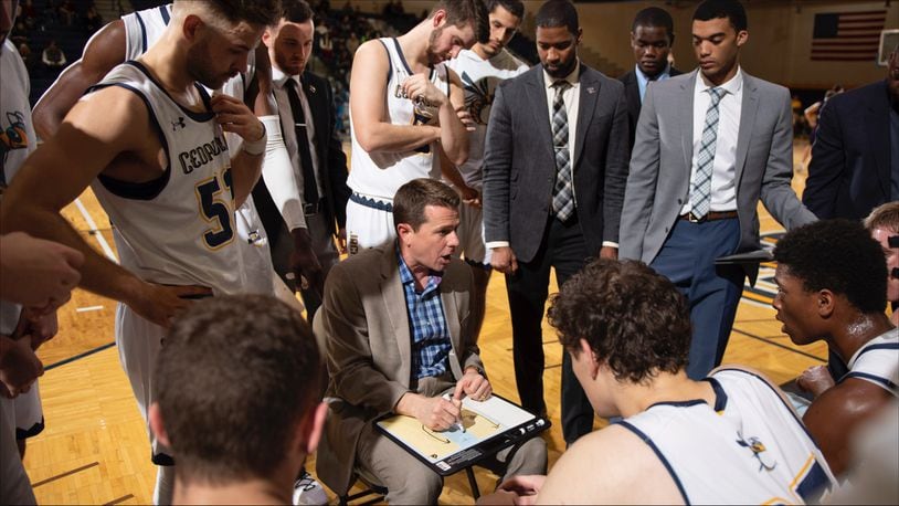 Cedarville coach Pat Estepp during a GMAC conference win by the Yellow Jackets over visiting Kentucky Wesleyan 76-59. (Photo courtesy Cedarville Athletics)