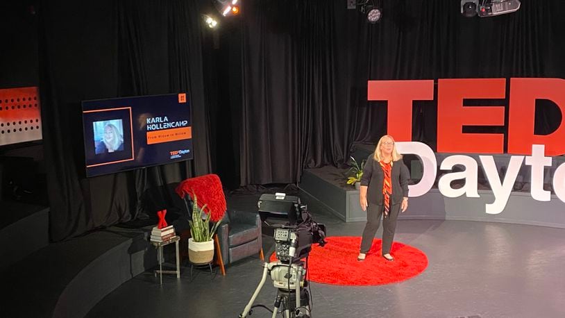 Karla Hollencamp speaks on her widowhood journey during TEDxDayton. Eileen McClory/ Staff