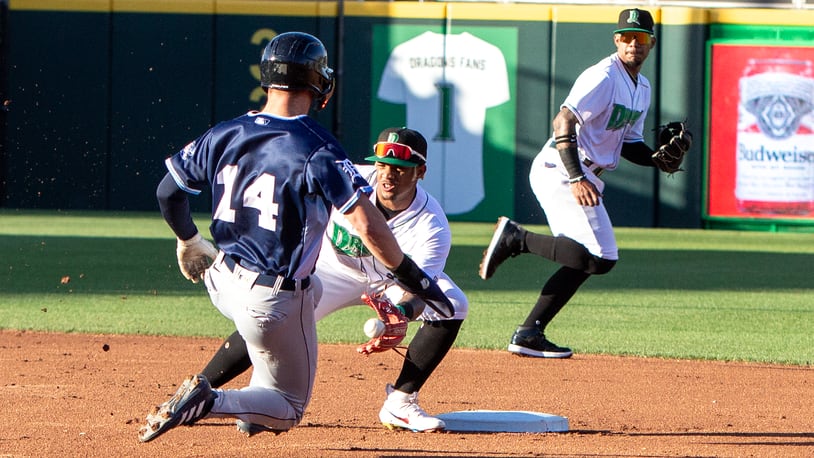 Dragons second baseman prepares to tag out West Michigan's Austin Murr on a stolen base attempt in the first inning Tuesday at Day Air Ballpark. Catcher Cade Hunter made the throw. Jeff Gilbert/CONTRIBUTED