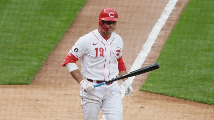 Joey Votto, of the Reds, reacts after a strike the Diamondbacks on Tuesday, April 20, 2021, at Great American Ball Park in Cincinnati. David Jablonski/Staff