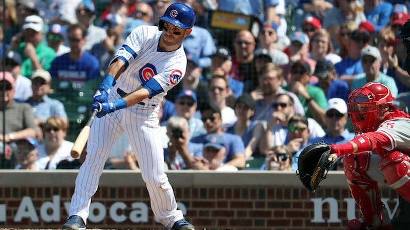 The Chicago Cubs&apos; Tommy La Stella hits an RBI single in the fifth inning against the Philadelphia Phillies on Thursday, June 7, 2018, at Wrigley Field in Chicago.  (Brian Cassella/Chicago Tribune/TNS)