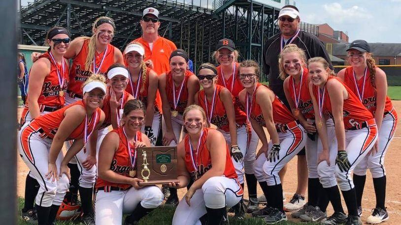 The Bradford High School softball team, shown with its regional championship trophy, plays in the program’s first state tournament when Bradford takes on Jeromesville Hilldale in the Division IV state semifinals Friday in Akron. CONTRIBUTED PHOTO