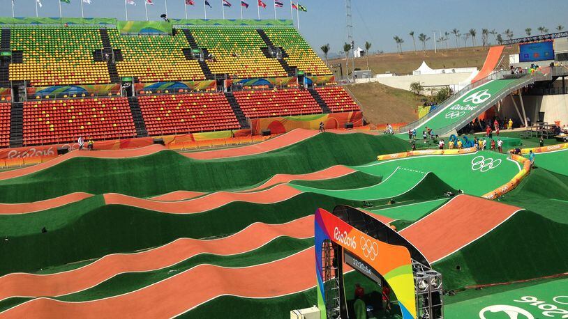 The turns at the BMX cycling track for the Summer Olympics are painted a bright green in Rio de Janeiro, Brazil, Monday, Aug. 15, 2016. It’s an unusual color for turns on a course, which are typically black or gray. The bright green is similar to a color used in the logo for the Games. (AP Photo/Genaro Armas)