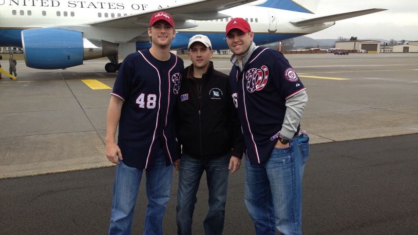 Ross Detweiler, former Washington Nationals pitcher, Shane Hudella, founder of United Heroes League, and Craig Stammen of North Star, Versailles High School and University of Dayton on USO Tour to Middle East that included stops into war zones, onto an aircraft carrier in Persian Gulf and to a military hospital in Germany in 2012. CONTRIBUTED