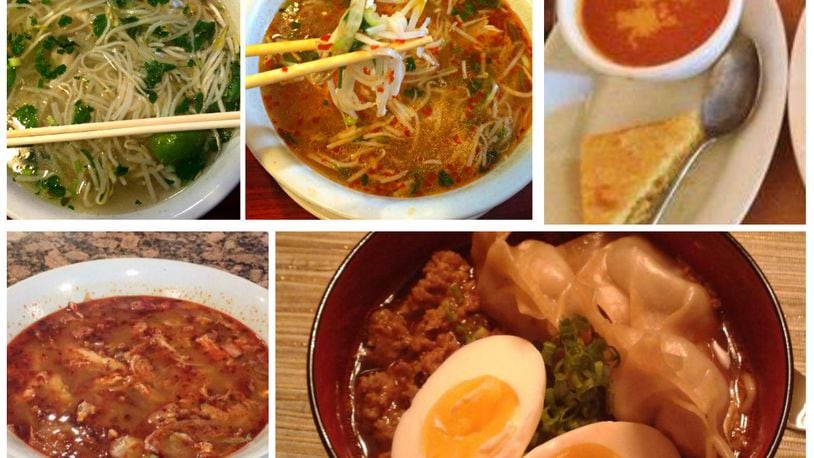 Clockwise from left: Two pho varieties from Linh's Bistro, Meadowlark's tomato soup with cornbread, Ramen Rickshaw's ramen bowl, Chiapas Mexican Grill's pozole. CONTRIBUTED PHOTOS