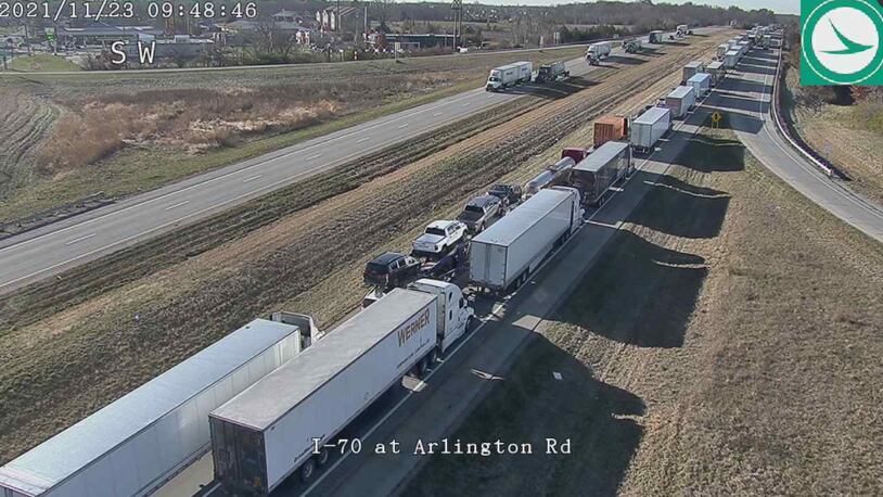 A single-vehicle crash on I-70 west near Arlington Road in Montgomery County caused traffic to back up on Tuesday, Nov. 23, 2021.
