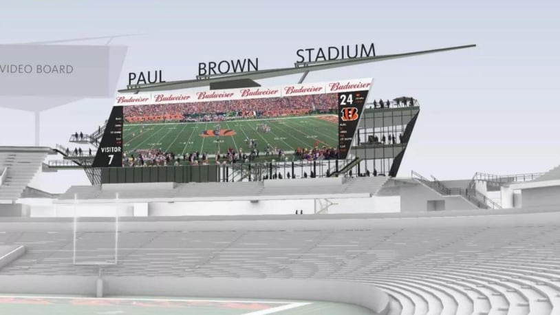 The proposal for Paul Brown Stadium would seek to move the scoreboard and expand it in size from 130 ft. by 36 ft. to 150 ft. by 42 ft. Behind the scoreboard, a new pavilion area is proposed for fans. GENSLER SPORTS/CONTRIBUTED TO WCPO