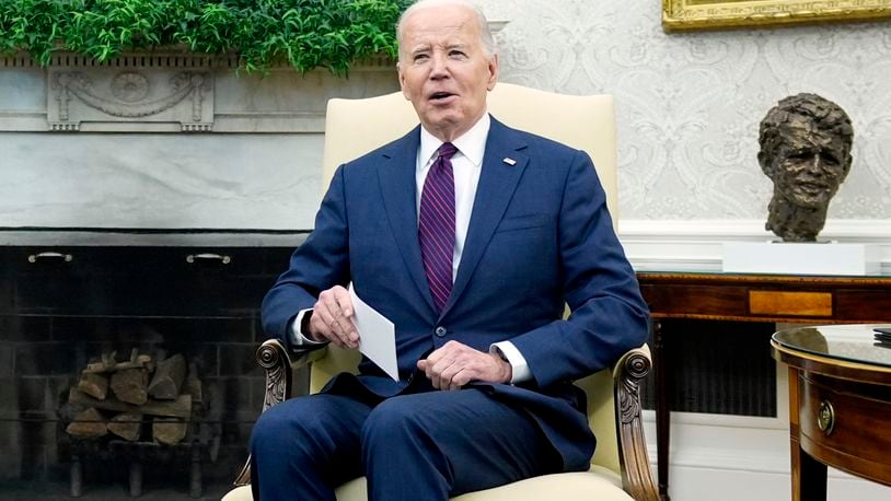 President Joe Biden speaks during a meeting with Prime Minister Petr Fiala of the Czech Republic in the Oval Office at the White House, Monday, April 15, 2024. (AP Photo/Manuel Balce Ceneta)