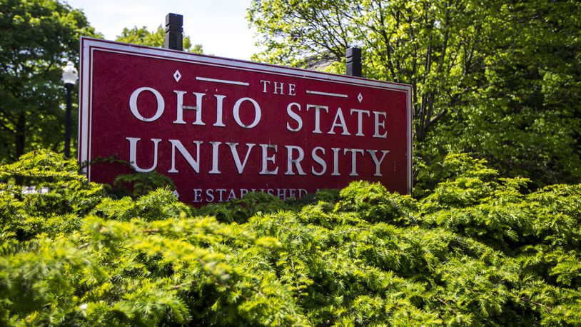 FILE - This May 8, 2019, photo, shows a sign for The Ohio State University in Columbus, Ohio. Ohio State University has won its fight to trademark the word "The." The U.S. Patent and Trademark Office approved the university's request Tuesday, June 21, 2022. The school says it allows Ohio State to control use of "The" on branded products associated with and sold through athletics and collegiate channels. (AP Photo/Angie Wang, File)