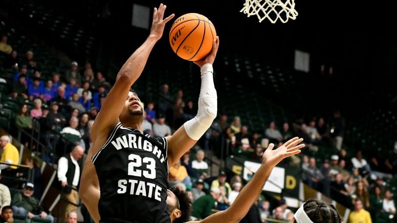 Wright State's Tanner Holden takes a shot inside at Colorado State on Nov. 10, 2023. Wright State Athletics photo