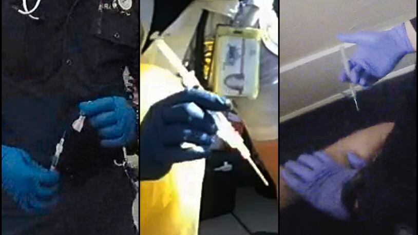 In this combination of images from body-camera videos, medics prepare to inject sedatives to Ivan Gutzalenko in Richmond, Calif., in 2021; Hunter Barr in Colorado Springs, Colo., in 2020, and Wesley Garrett-Henry in San Diego, Calif., in 2020. An investigation led by The Associated Press published in 2024, has found the practice of giving sedatives to people detained by police spread quietly over the last 15 years, built on questionable science and backed by police-aligned experts. (Richmond Police Department, Colorado Springs Police Department, San Diego Police Department via AP)