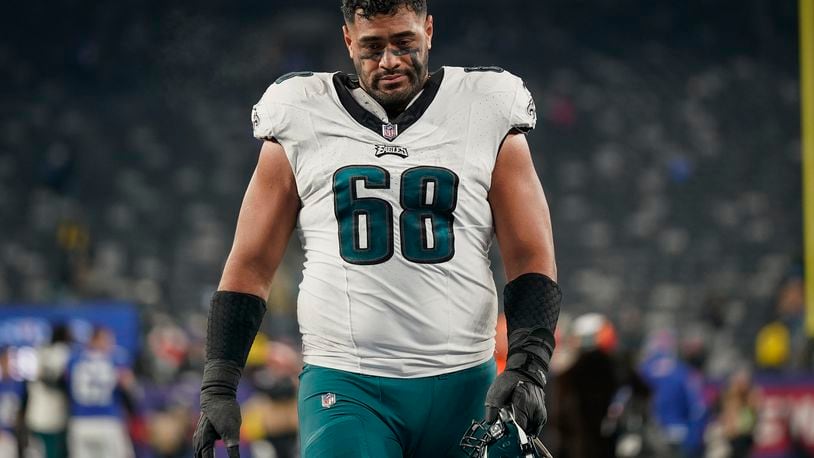 FILE - Philadelphia Eagles offensive tackle Jordan Mailata (68) after an NFL football game against the New York Giants, on Jan. 8, 2024, in East Rutherford, N.J. The NFL will expand its international search for talent by opening an academy in rugby-mad Australia to develop promising teenagers in the Asia-Pacific region into college and pro prospects. The NFL Academy will open in September for student athletes ages 12 to 18, following recruitment camps taking place this summer in Australia and New Zealand. Ahead with the NFL Draft, the announcement says the region is full of talent the likes of Philadelphia Eagles offensive tackle Jordan Mailata, a 6-foot-8 Australian who was deemed too big for rugby. (AP Photo/Bryan Woolston, File)