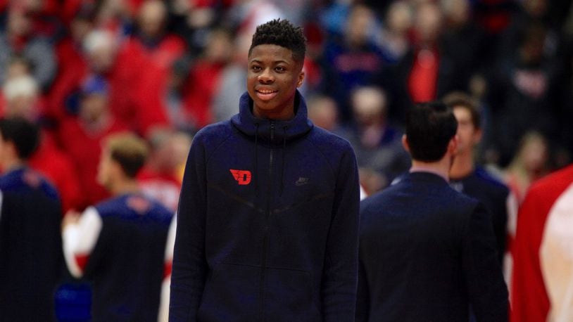 Dayton’s Kostas Antetokounmpo watches the Flyers warm up before a game against Saint Mary’s on Saturday, Nov. 19, 2016, at UD Arena. David Jablonski/Staff