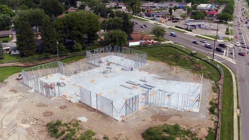 The new Wilmington-Stroop Branch Library is taking shape at the corner of Stroop and Wilmington in Kettering. The new library will be 51 percent larger than the old branch and is expected to open in spring 2019. TY GREENLEES / STAFF