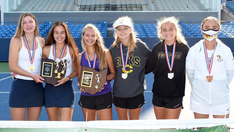 Miami Valley placers at the state tennis championships Saturday at Lindner Family Tennis Center in Mason. From left: Sarah Hall, Oakwood; Natalie Connelly, Oakwood; Macy Hitchcock, Eaton; Clara Owen, Centerville; Caroline Hinshaw, Centerville; Grace Lampman, Alter. Nick Falzerano/CONTRIBUTED