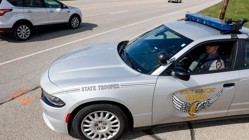 Ohio State Highway Patrol Sgt. Tyler Ross explained the new distracted driving law that goes into effect Tuesday, April 4, 2023. There will be a 6-month warning phase before troopers can start writing tickets for distracted driving as a main offense. NICK GRAHAM/STAFF