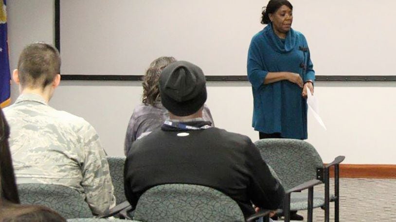 Thelma Chandler, an Air Force field consultant, briefs Air Force Research Laboratory employees Jan. 30 about benefits provided by the Air Force Employee Assistance program during a briefing held at Air Force Research Laboratory’s Sensors Directorate. (Courtesy photo)