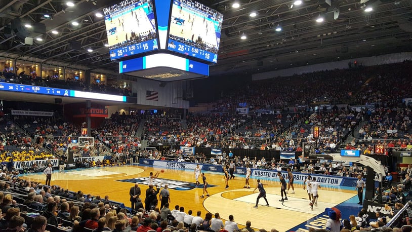 The NCAA First Four men���s basketball tournament games are one of the large events in the Dayton region that have been canceled in 2020 due to the COVID-19 pandemic. This photo is from the 2019 games.