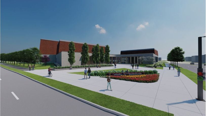 A rendering of the University of Dayton's proposed center for the arts at East Stewart and South Main streets. CONTRIBUTED