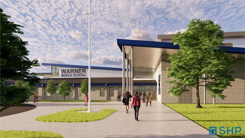 An architect's rendering of a brand new, 21st century style middle school under a blue cloudy sky. The architecture is sleek, modern, and has the name of the school emblazoned on the exterior wall, with students walking in and out of the building.