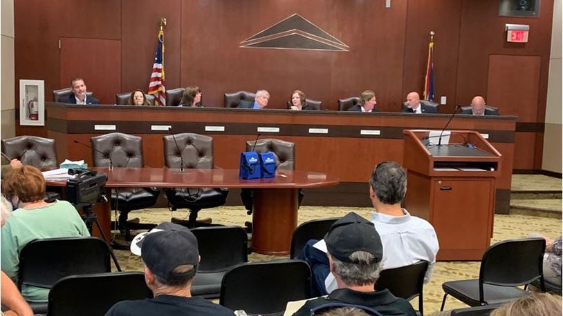 Springboro City Council prepares to open its regular session on Thursday, Sept. 16, 2021.  During the meeting, council tabled a vote on the proposed $265 million Easton Farm mixed use development.  ED RICHTER/STAFF