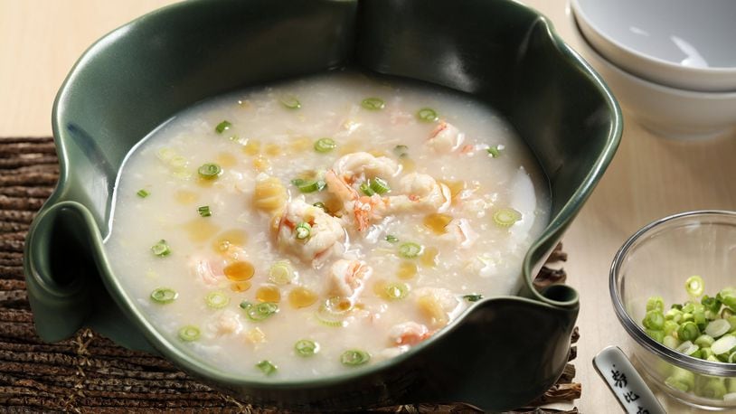 Seafood congee, prepared and styled by Lisa Schumacher, on February 8, 2018. (Abel Uribe/Chicago Tribune/TNS)