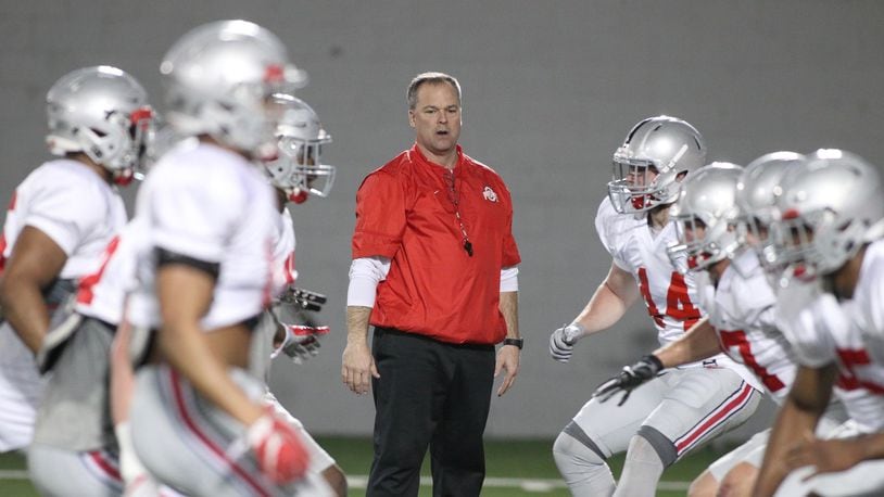 Ohio State linebackers coach Bill Davis works at practice on Tuesday, March 21, 2017, at the Woody Hayes Athletic Center in Columbus. David Jablonski/Staff