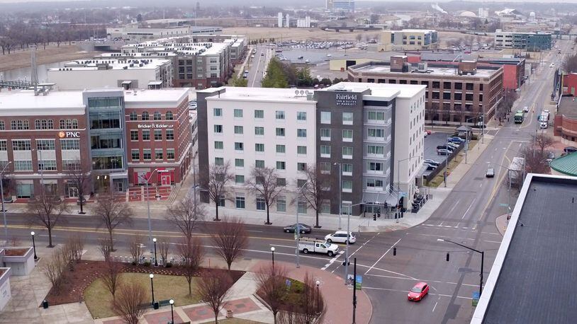 The Fairfield Inn and Suites by Marriott is the first new hotel downtown Dayton in years. The hotel located in the Water Street District opened in the fall of 2018 at the corner of Monument and Patterson. TY GREENLEES / STAFF