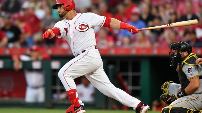 CINCINNATI, OH - MAY 23: Eugenio Suarez #7 of the Cincinnati Reds hits a single in the fourth inning against the Pittsburgh Pirates at Great American Ball Park on May 23, 2018 in Cincinnati, Ohio. Pittsburgh defeated Cincinnati 5-4 in 12 innings. (Photo by Jamie Sabau/Getty Images)