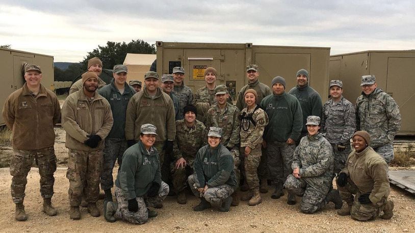 Medics, including 2d Lt. Erik Zlatkin, from across Wright-Patterson Air Force Base attend the Air Force Medical Service Expeditionary Medical Support training at the Medical Readiness Training Center at Camp Bullis, Texas. (Courtesy photo)