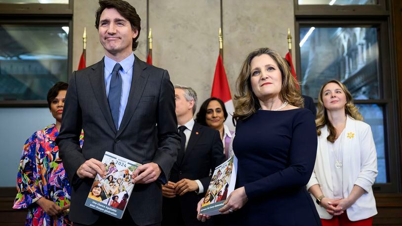 Canada's Prime Minister Justin Trudeau, from left, Deputy Prime Minister, Minister of Finance Chrystia Freeland and cabinet ministers pose for a photo before the tabling of the federal budget on Parliament Hill in Ottawa, Ontario, on Tuesday, April 16, 2024. (Justin Tang/The Canadian Press via AP)
