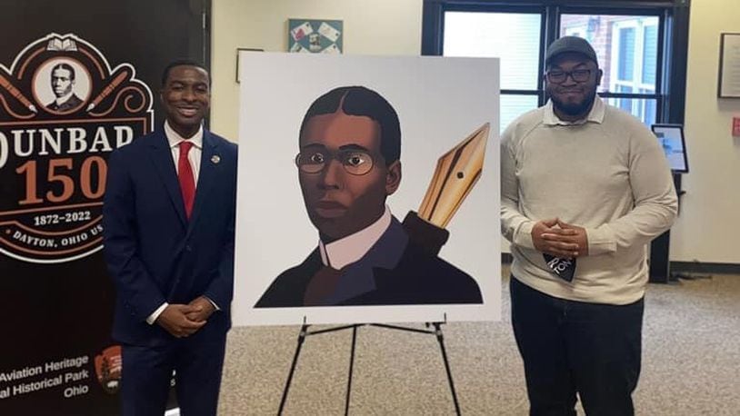 State Rep. Willis Blackshear Jr. with Alfred Taylor, designer of the Paul Laurence Dunbar license plate. Blackshear introduced legislation this week to create the license plate to honor the life and legacy of the Dayton-born poet. CONTRIBUTED