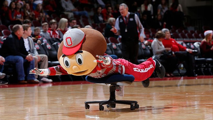 COLUMBUS, OH - DECEMBER 22: Ohio State Buckeyes mascot Brutus Buckeye rolls across the court before the game against the Miami Redhawks at Value City Arena on December 22, 2014 in Columbus, Ohio. (Photo by Joe Robbins/Getty Images)