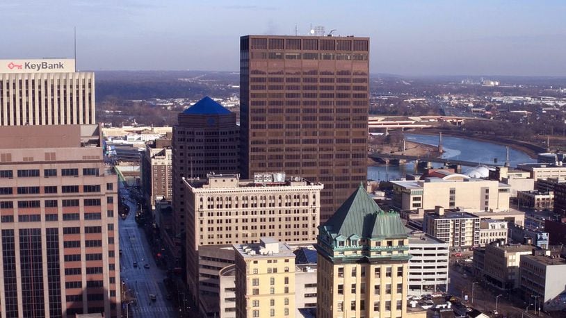 Stratacache Tower (middle) downtown Dayton. FILE