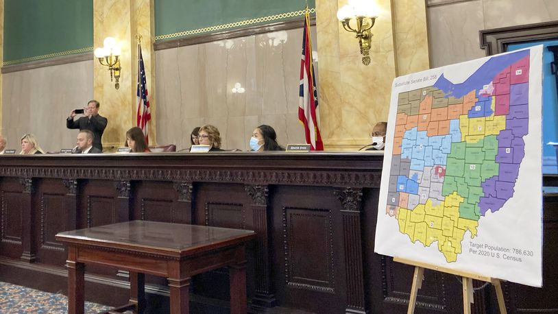 FILE—Members of the Ohio Senate Government Oversight Committee hear testimony on a new map of state congressional districts in this file photo from Nov. 16, 2021, at the Ohio Statehouse in Columbus, Ohio. Democrats bolstered by a high court victory earlier this month appeared to be digging in their heels Saturday, Jan. 22, 2022, against another round of gerrymandered legislative maps in Ohio. The state's bipartisan Ohio Redistricting Commission repeatedly recessed for long stretches ahead of a midnight deadline set by its members to hash out a compromise that satisfies members of both parties.
 (AP Photo/Julie Carr Smyth, File)