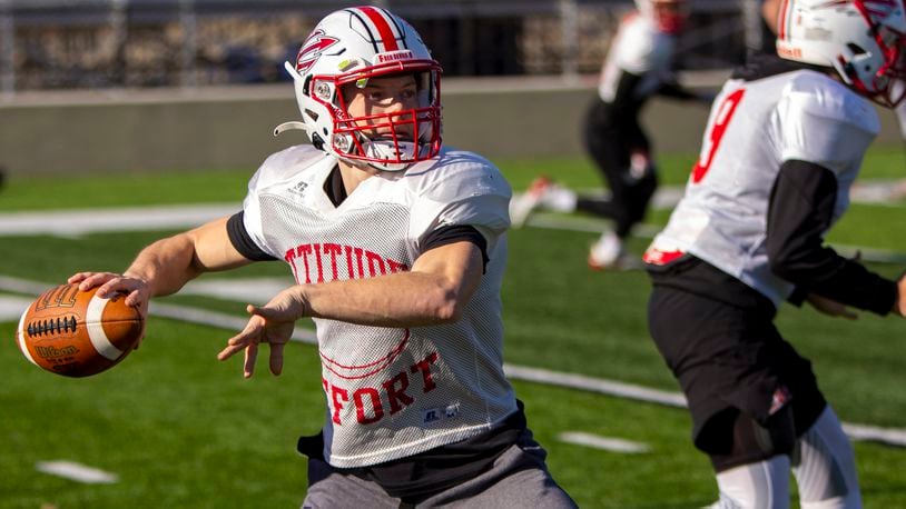Tippecanoe quarterback Liam Poronsky worked through a series of plays at Wednesday's practice. He is the only offensive player who was a starter in 2021. CONTRIBUTED/Jeff Gilbert