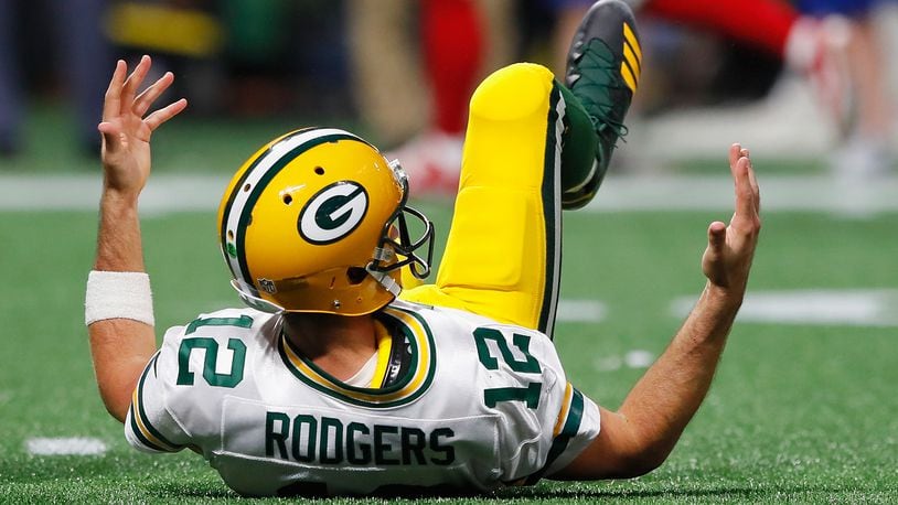 ATLANTA, GA - SEPTEMBER 17: Aaron Rodgers #12 of the Green Bay Packers reacts during the first half against the Atlanta Falcons at Mercedes-Benz Stadium on September 17, 2017 in Atlanta, Georgia. (Photo by Kevin C. Cox/Getty Images)