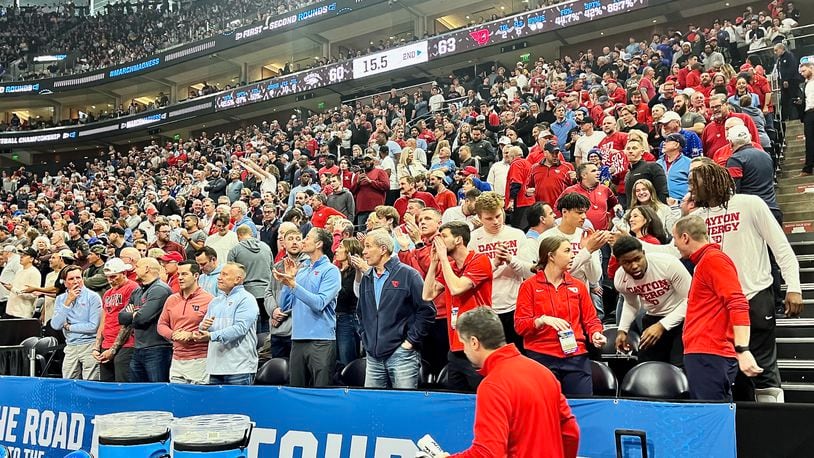 Dayton fans watch during the final minute of a game against Nevada in the first round of the NCAA tournament on Thursday, March 21, 2024, at the Delta Center in Salt Lake City, Utah. David Jablonski/Staff