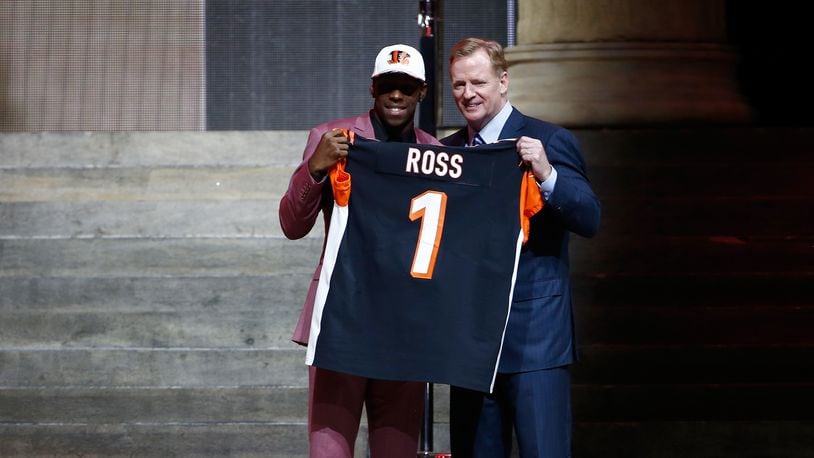 PHILADELPHIA, PA - APRIL 27: (L-R) John Ross of Washington poses with Commissioner of the National Football League Roger Goodell after being picked #9 overall by the Cincinnati Bengals during the first round of the 2017 NFL Draft at the Philadelphia Museum of Art on April 27, 2017 in Philadelphia, Pennsylvania. (Photo by Jeff Zelevansky/Getty Images)