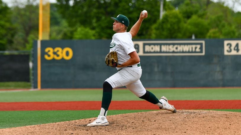 Wright State's Tristan Haught fires a pitch plateward in Sunday's Horizon League championship game vs. Oakland. Wright State Athletics photo