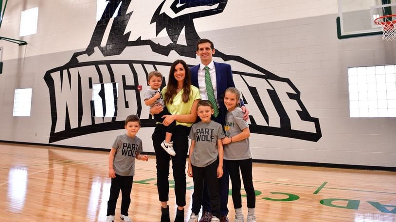 CLINT 9 –Clint Sargent with his family when he was announced as Wright State’s new head coach last Friday: (left to right) Jordy, Landry, Jill, CJ, Clint, and Gracie. CONTRIBUTED