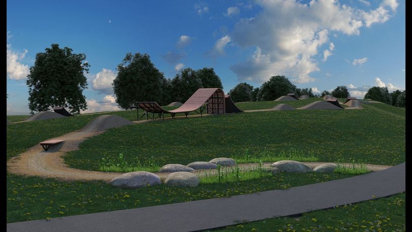 A rendering of some features at the proposed Dayton Bike Yard, the city's first mountain bike park. CONTRIBUTED