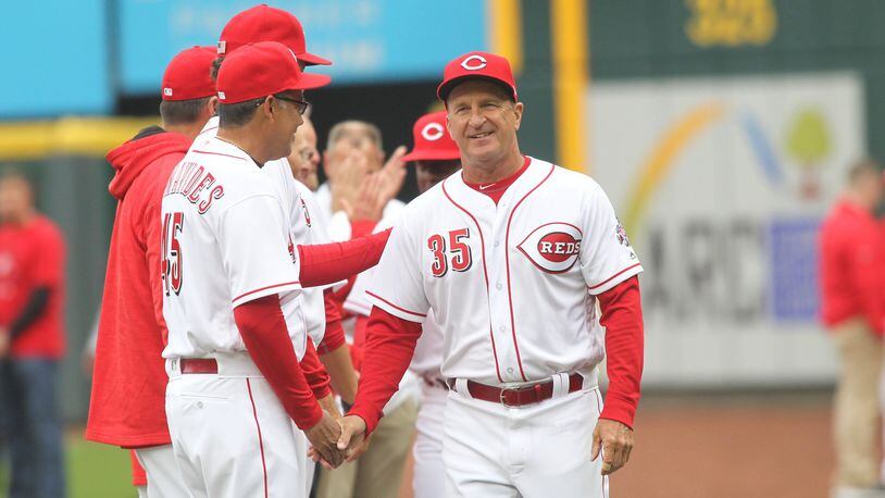 Reds bench coach Jim Riggleman is introduced on Opening Day on March 30, 2018, at Great American Ball Park in Cincinnati. David Jablonski/Staff