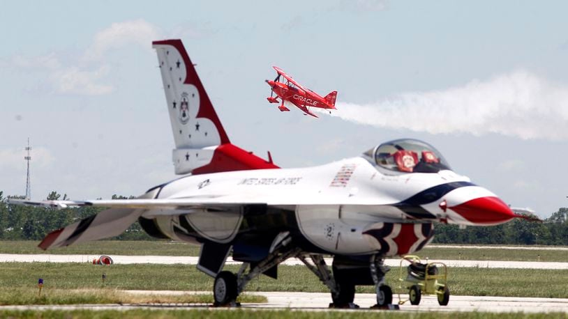 A U.S. Air Force Thunderbird jet at the Vectren Dayton Air Show. (Lisa Powell/Staff)